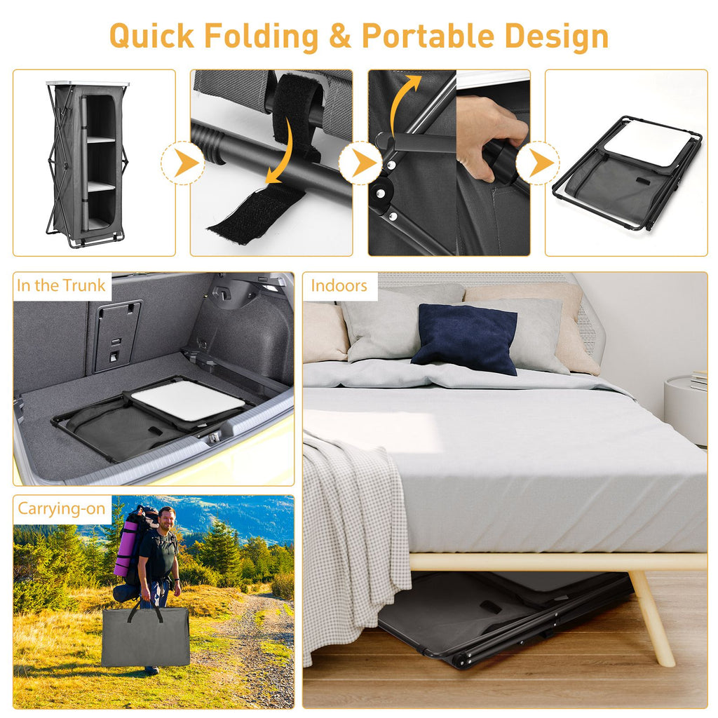3-Tier Folding Camping Storage Cabinet with Side Pockets and Carry Bag