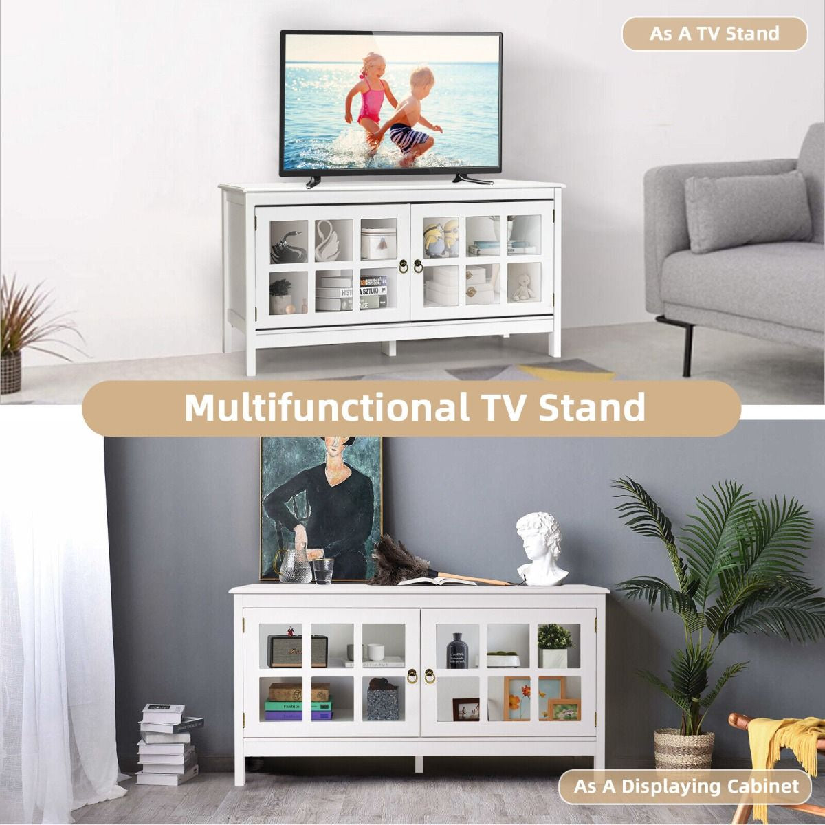 Modern Wooden TV Stand with Tempered Glass Doors for Tvs up to 50''