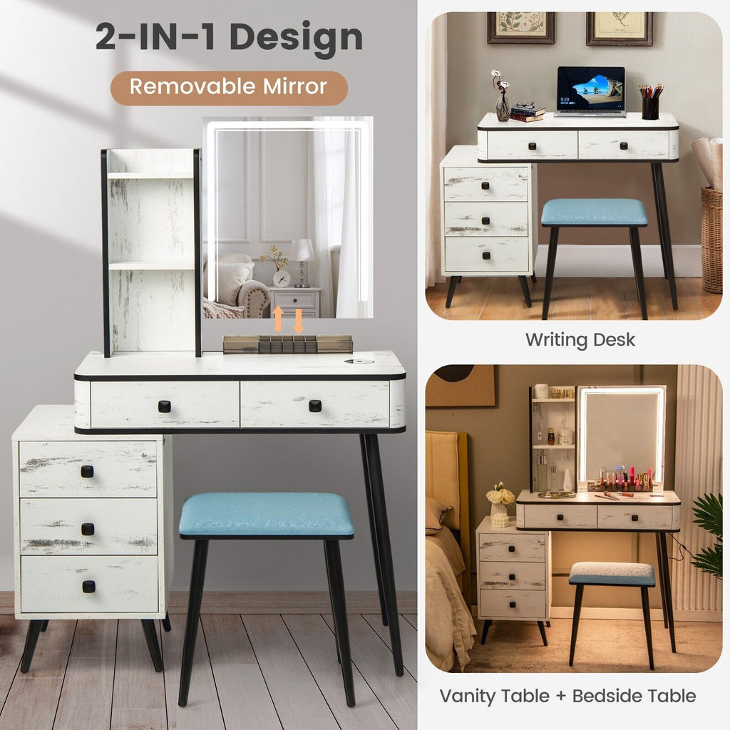 Vanity Table Set with 3-Color LED Lights Mirror and Charging Station