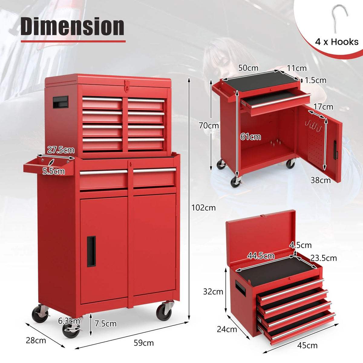 High-Capacity Rolling Tool Cabinet – Lockable Wheels, Metal 2‑in‑1 Chest & Base