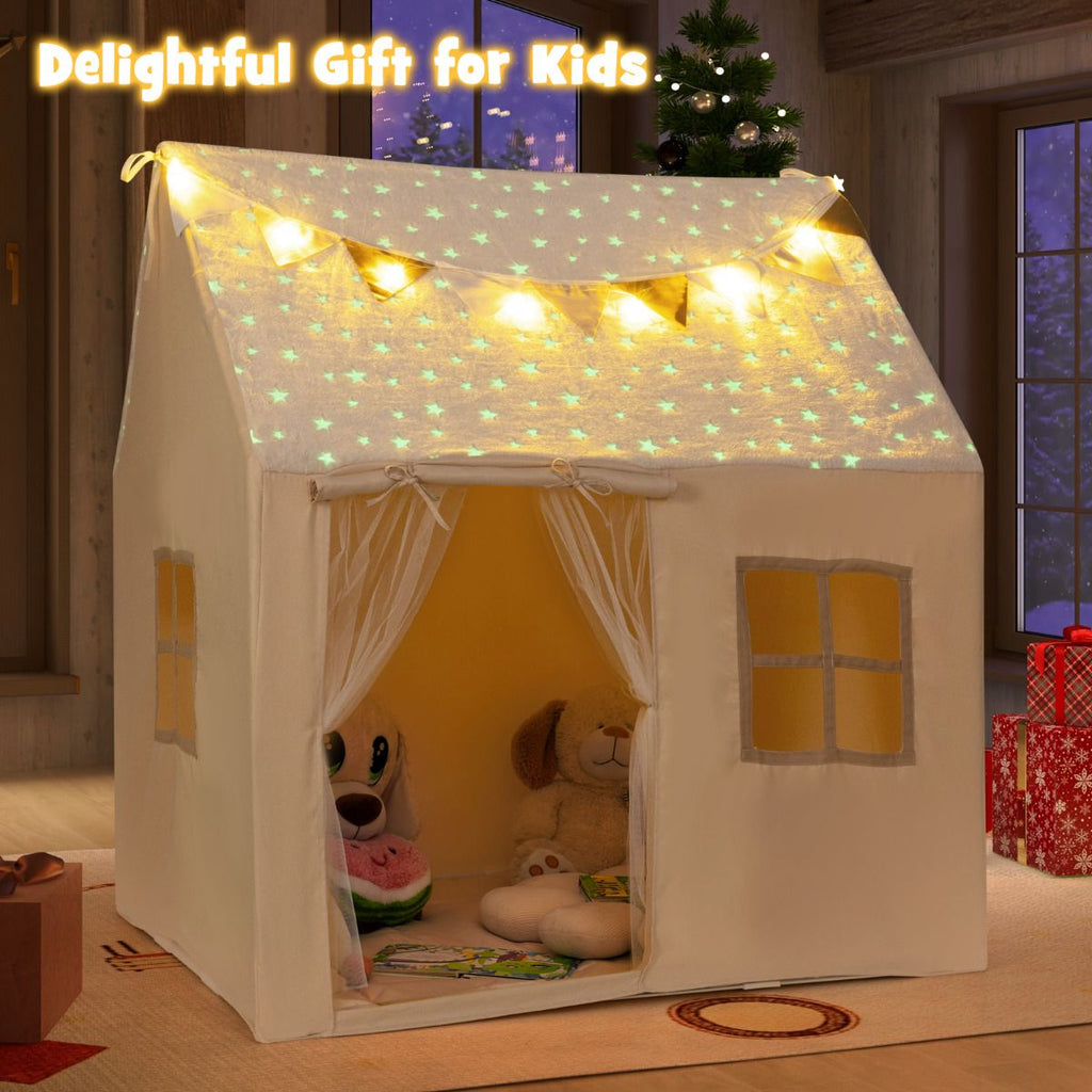 SEDOL Kids Play Tent with Glow-in-the-Dark Stars & Padded Mat Beige Indoor Playhouse with Fairy Lights and Bunting for Toddlers Nursery and Sensory Corner