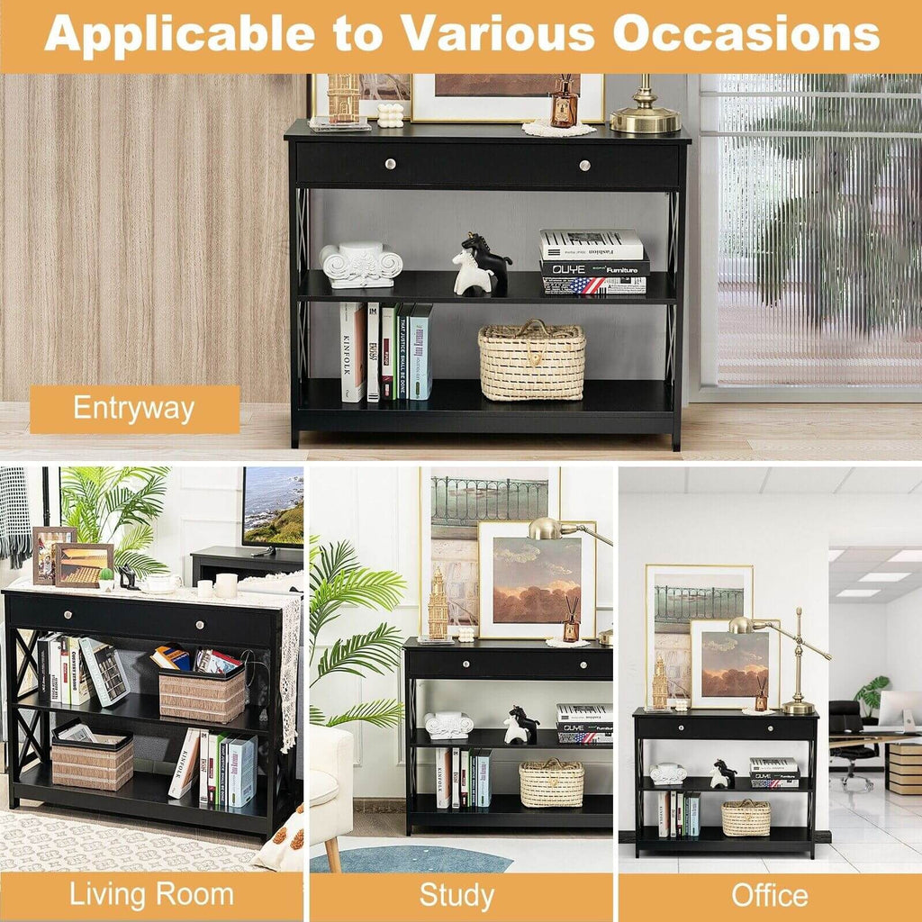 3-Tier Console Table with 1 Drawer and 2 Storage Shelves