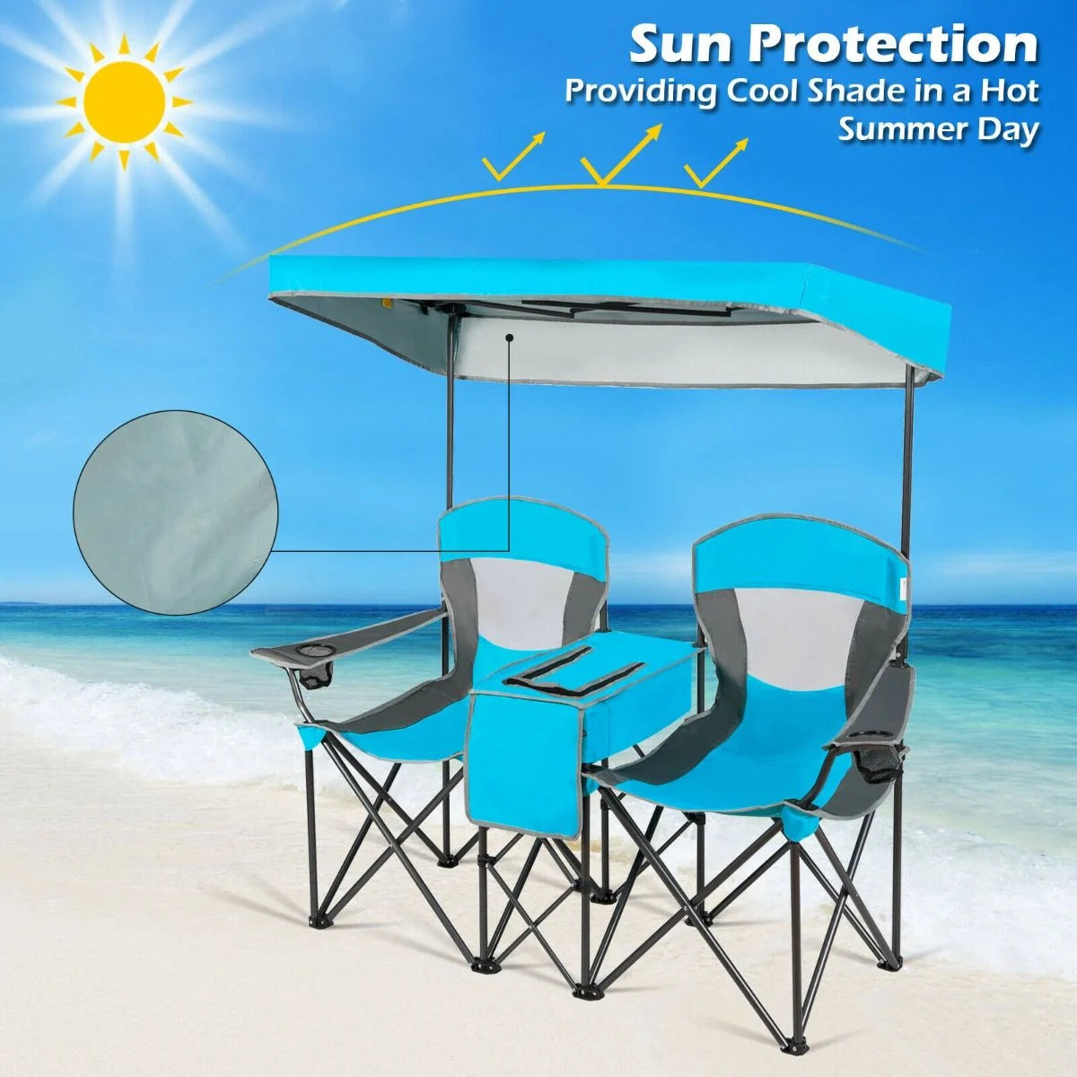 Double Folding Camping Chair with Canopy and Armrests