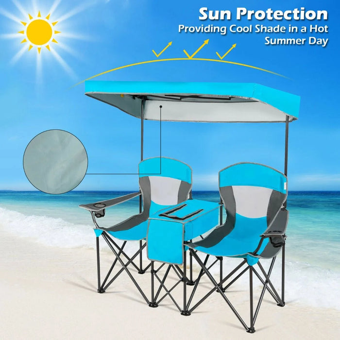 Double Folding Camping Chair with Canopy and Armrests