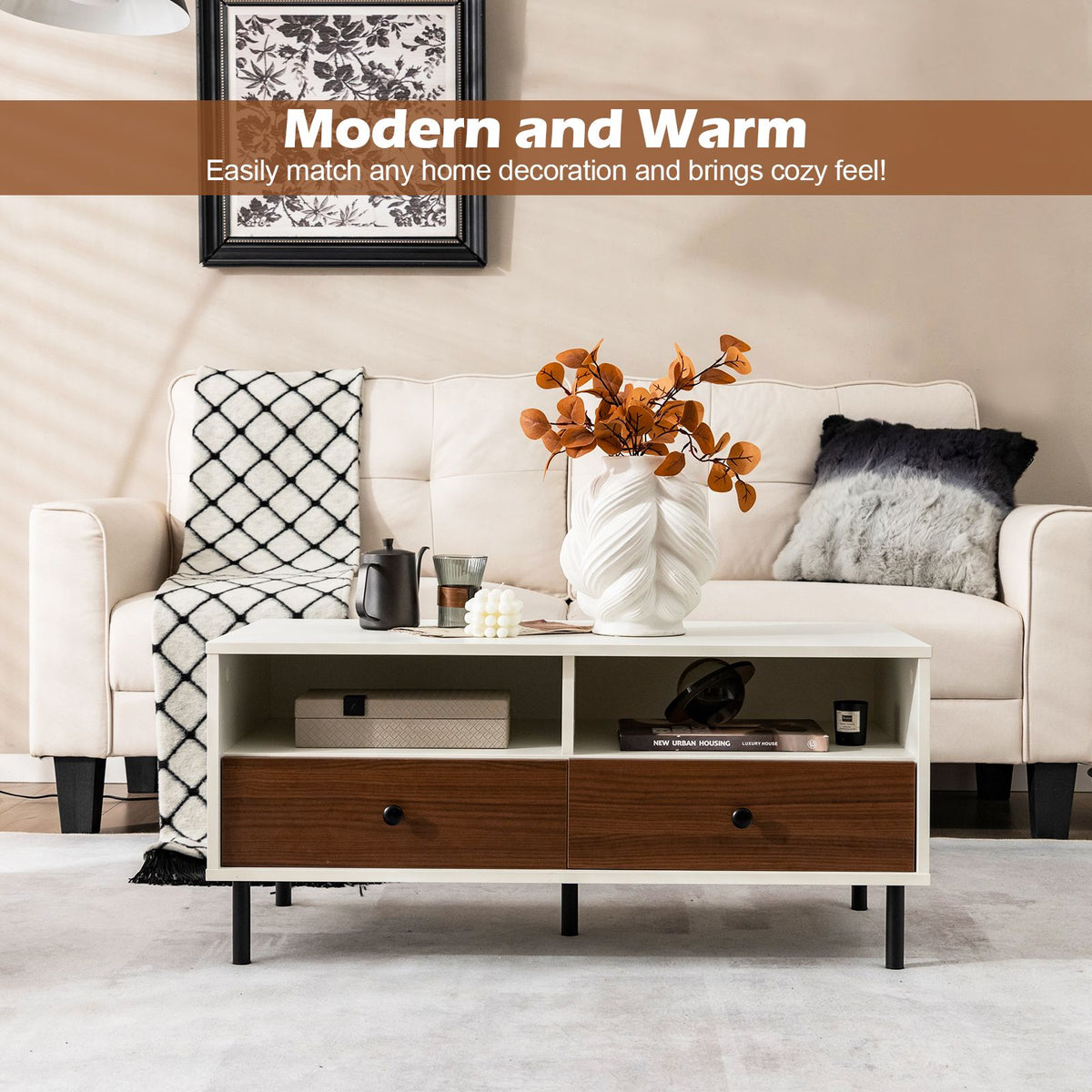 Rectangle Sofa Tea Table with Sturdy Metal Legs for Home Office