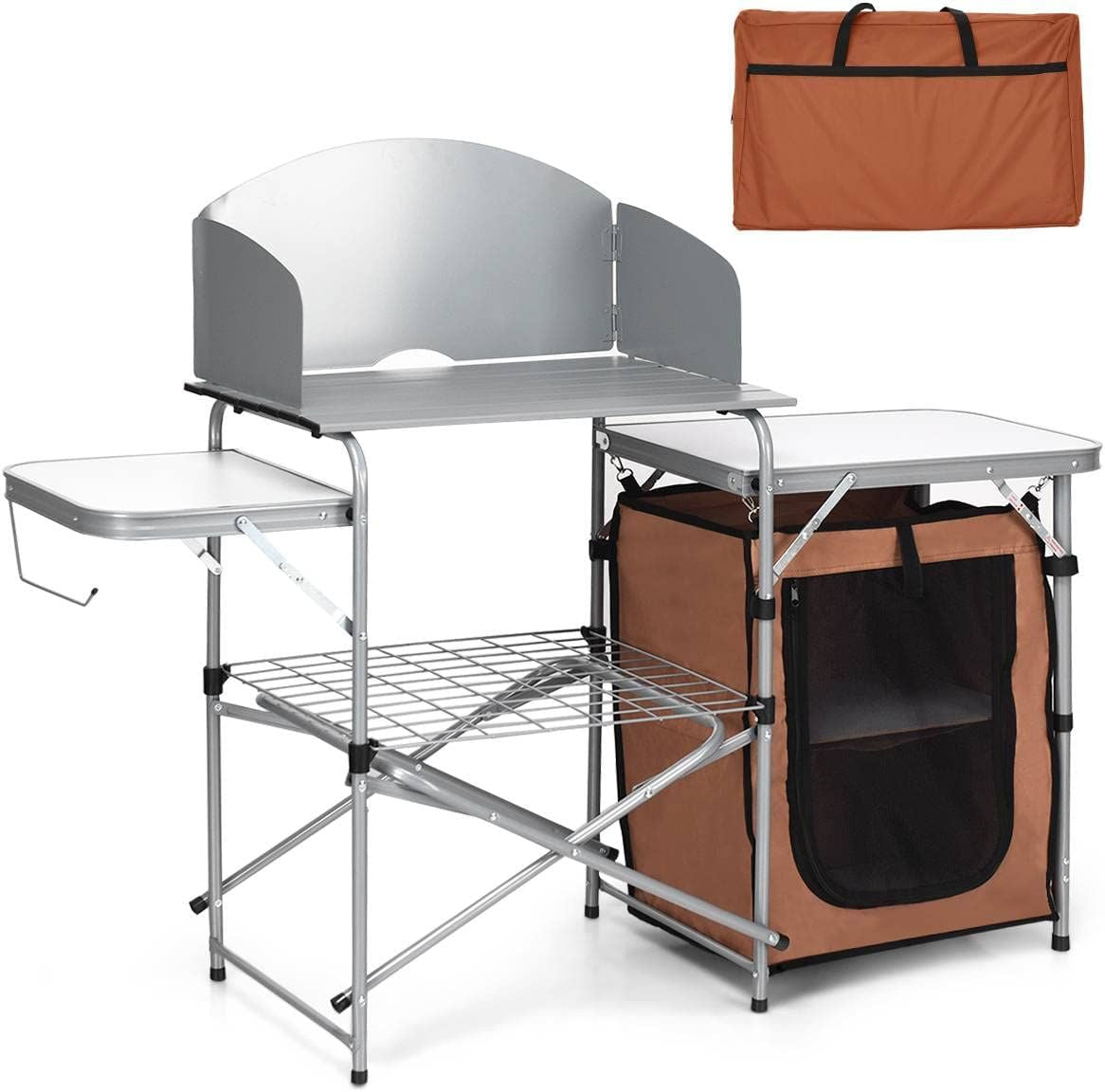 Camping Kitchen Table with Storage & Windscreen – Folding BBQ & Prep Station