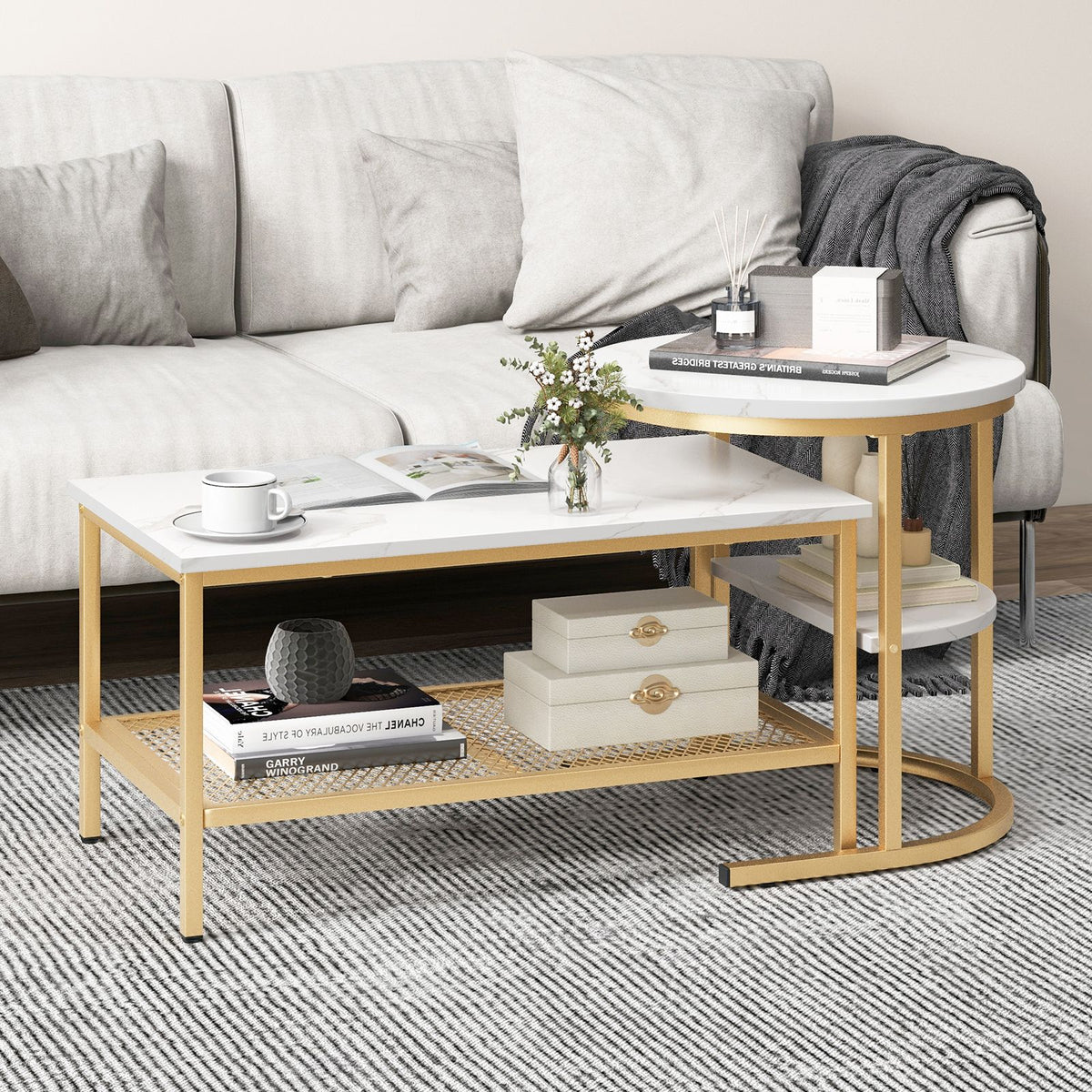 Set of 2 Nesting Coffee Table with Extra Storage Shelf