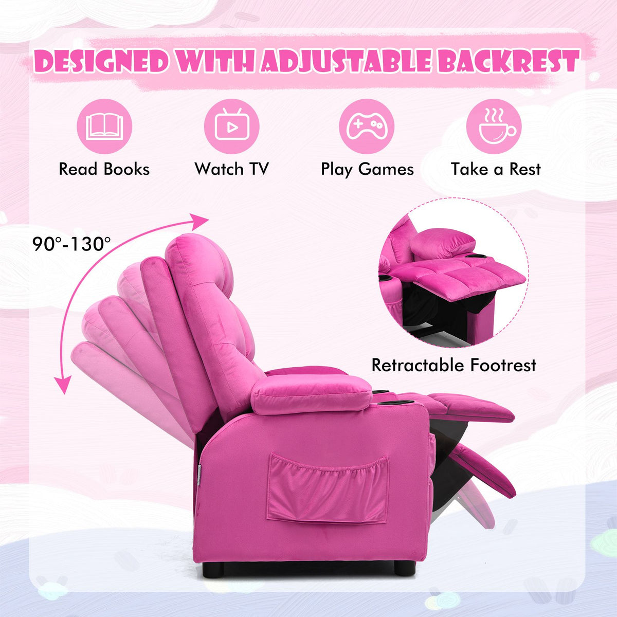 SEDOL Deluxe Larger Kids Recliner Armchair with Dual Cup Holders and Storage Pockets Premium Velvet Children’s Lounge Chair with 130° Adjustable Backrest & Pine Wood Frame