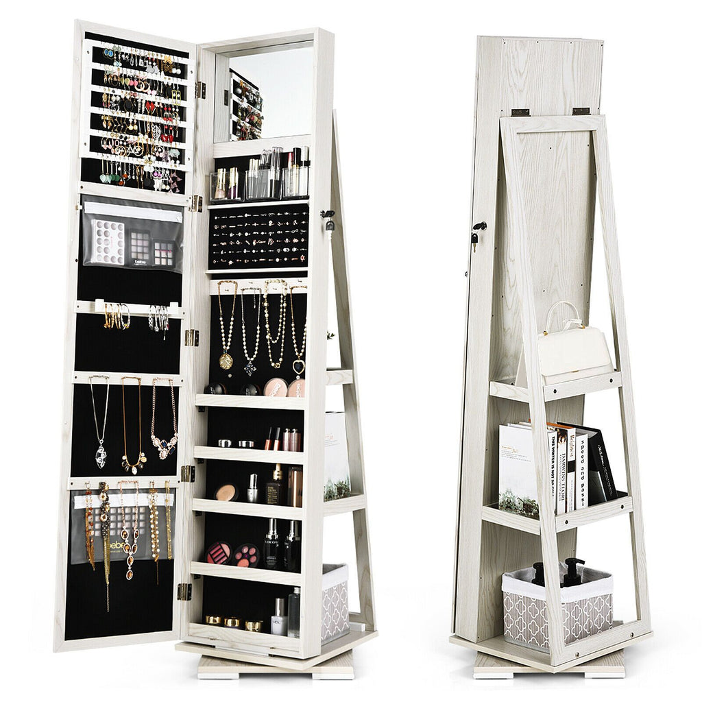 SEDOL 360° Rotating Full-Length Mirrored Jewellery Cabinet | Lockable Jewellery Armoire with 3-Tier Rear Display Shelves | Ultra-Large Storage for 120 Earrings, 78 Rings & 24 Necklaces | Velvet-Lined Boutique Organiser