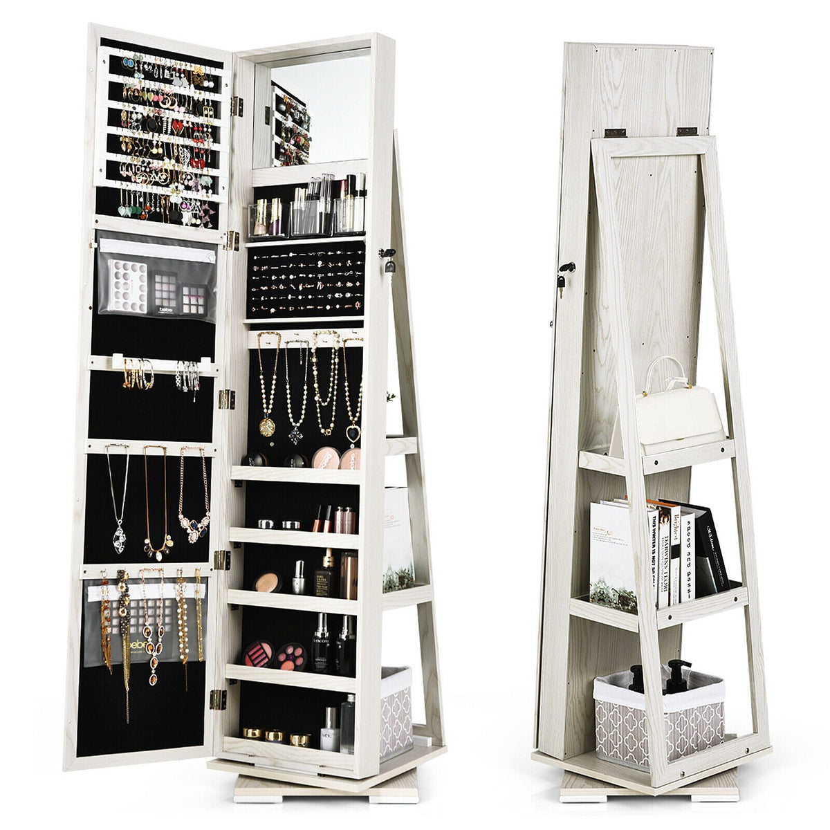 SEDOL 360° Rotating Full-Length Mirrored Jewellery Cabinet | Lockable Jewellery Armoire with 3-Tier Rear Display Shelves | Ultra-Large Storage for 120 Earrings, 78 Rings & 24 Necklaces | Velvet-Lined Boutique Organiser