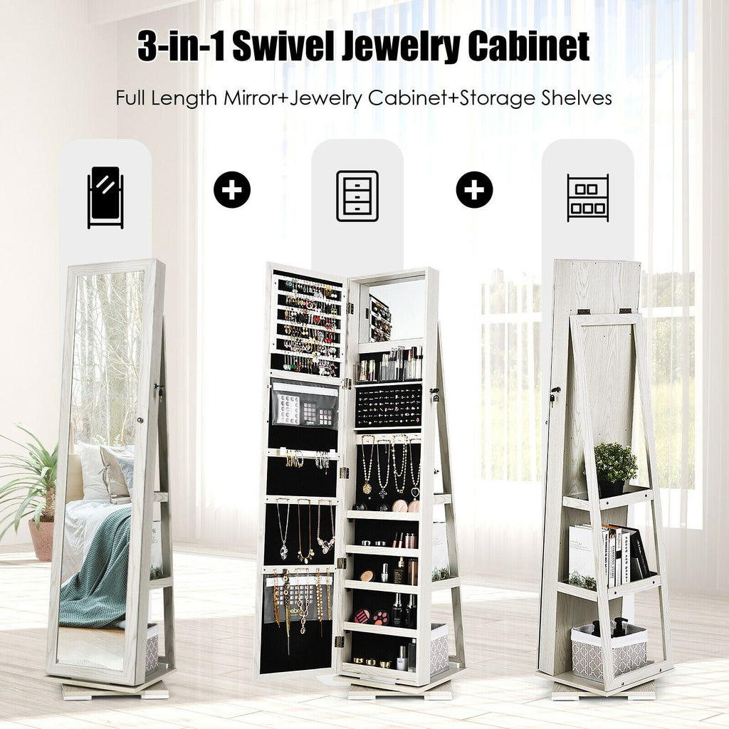 SEDOL 360° Rotating Full-Length Mirrored Jewellery Cabinet | Lockable Jewellery Armoire with 3-Tier Rear Display Shelves | Ultra-Large Storage for 120 Earrings, 78 Rings & 24 Necklaces | Velvet-Lined Boutique Organiser