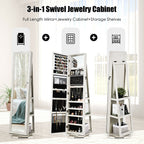 SEDOL 360° Rotating Full-Length Mirrored Jewellery Cabinet | Lockable Jewellery Armoire with 3-Tier Rear Display Shelves | Ultra-Large Storage for 120 Earrings, 78 Rings & 24 Necklaces | Velvet-Lined Boutique Organiser