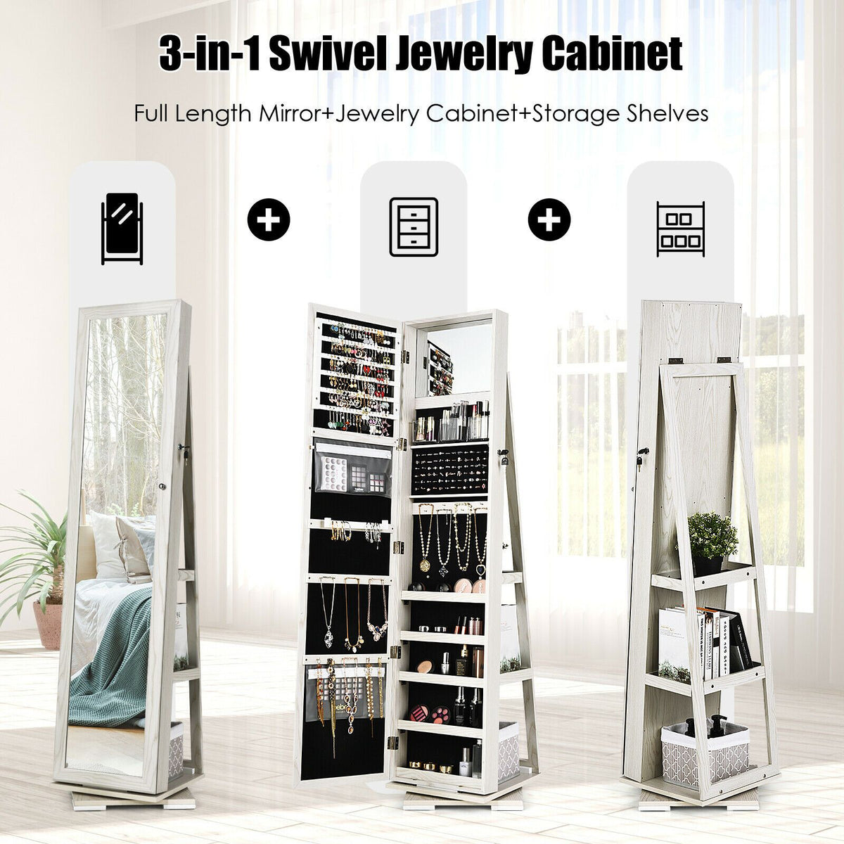 SEDOL 360° Rotating Full-Length Mirrored Jewellery Cabinet | Lockable Jewellery Armoire with 3-Tier Rear Display Shelves | Ultra-Large Storage for 120 Earrings, 78 Rings & 24 Necklaces | Velvet-Lined Boutique Organiser