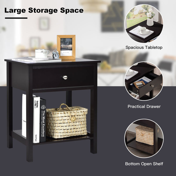 2 Pieces Wooden Nightstand with Drawer and Storage Shelf