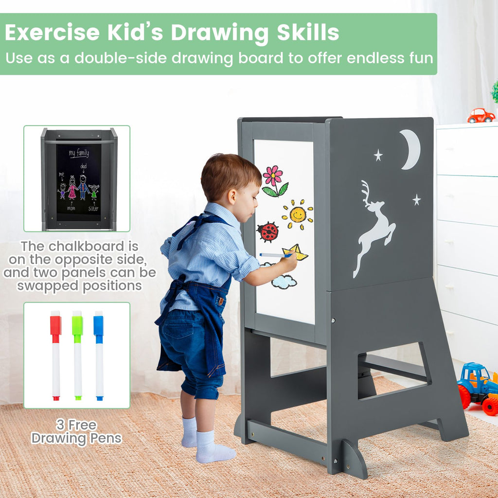 SEDOL 3-in-1 Montessori Learning Tower with Double-Sided Chalkboard & Whiteboard – Height-Adjustable Kitchen Helper Stool with Safety Rails and Anti-Tip Base
