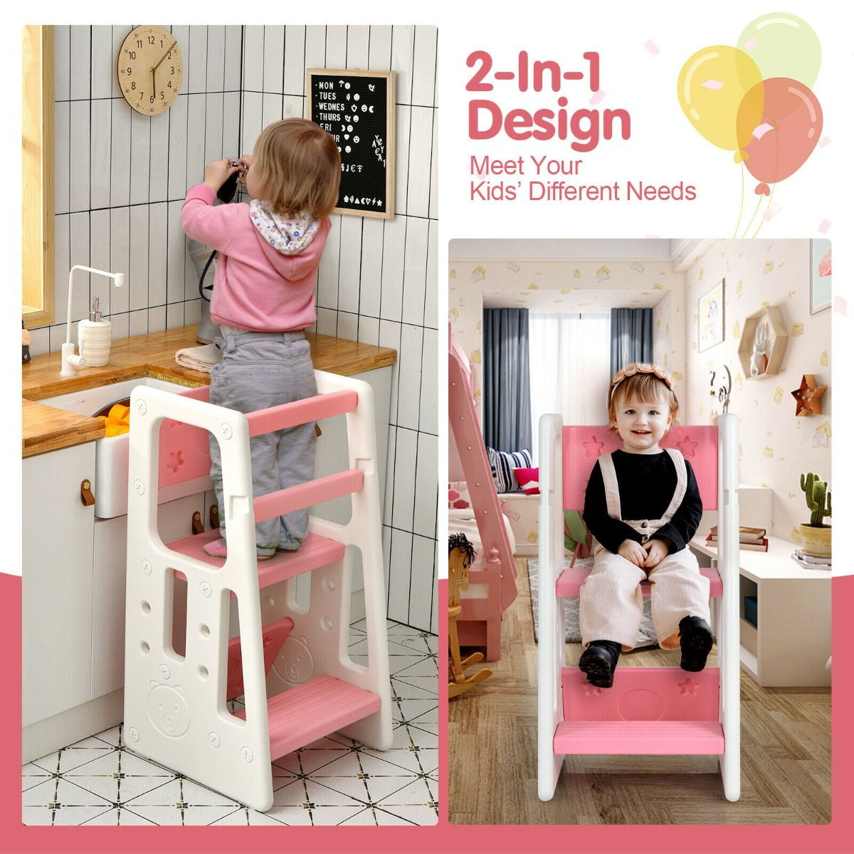 SEDOL 2-in-1 Convertible Toddler Learning Tower & High-Step Stool 3-Level Adjustable Height Kitchen Helper with Double Safety Rails and Anti-Slip EVA Pads – 65kg Capacity