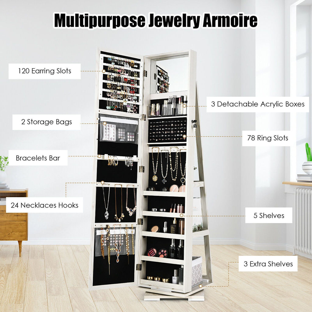 SEDOL 360° Rotating Full-Length Mirrored Jewellery Cabinet | Lockable Jewellery Armoire with 3-Tier Rear Display Shelves | Ultra-Large Storage for 120 Earrings, 78 Rings & 24 Necklaces | Velvet-Lined Boutique Organiser