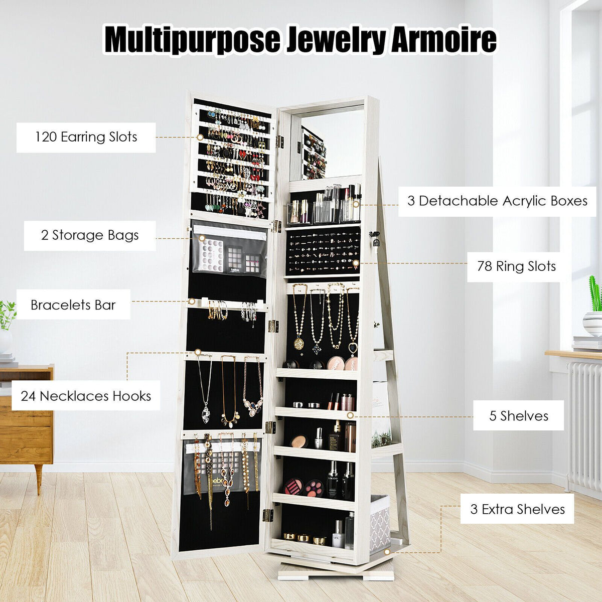 SEDOL 360° Rotating Full-Length Mirrored Jewellery Cabinet | Lockable Jewellery Armoire with 3-Tier Rear Display Shelves | Ultra-Large Storage for 120 Earrings, 78 Rings & 24 Necklaces | Velvet-Lined Boutique Organiser