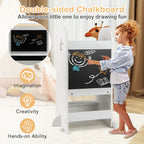 SEDOL 3-in-1 Montessori Learning Tower & Double-Sided Art Easel 3-Level Adjustable Kitchen Helper Stool with A-Frame Anti-Tip Safety Rail and Pine Wood Guards – 90kg Capacity