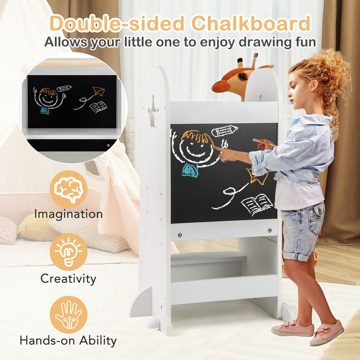 SEDOL 3-in-1 Montessori Learning Tower & Double-Sided Art Easel 3-Level Adjustable Kitchen Helper Stool with A-Frame Anti-Tip Safety Rail and Pine Wood Guards – 90kg Capacity