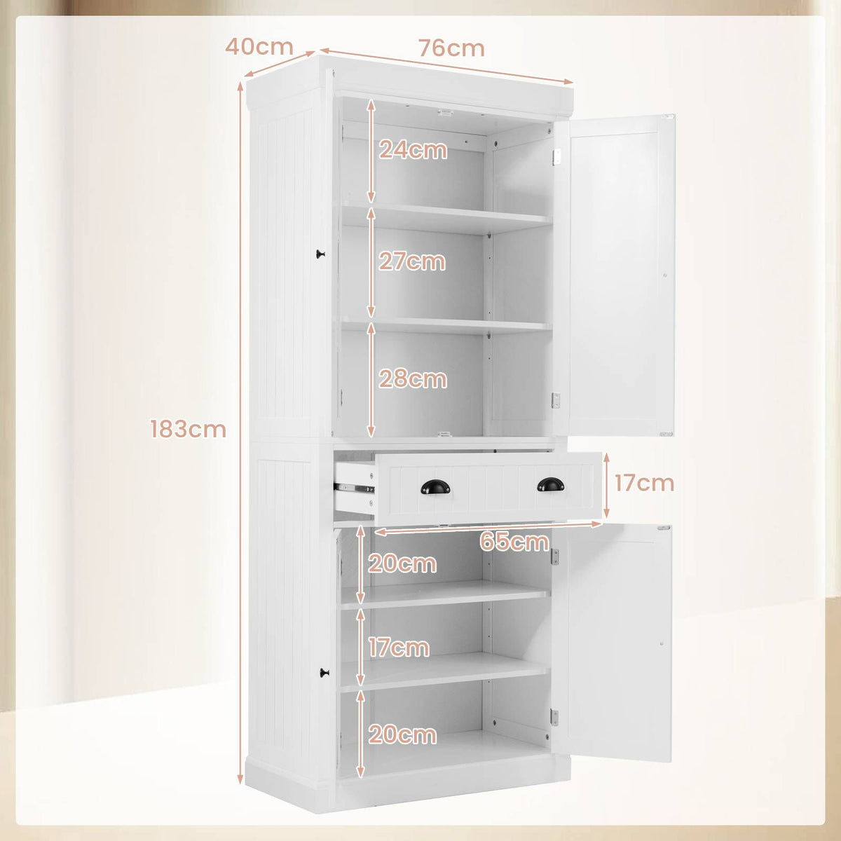 4-Door Tall Kitchen Cupboard Adjustable Shelves and Drawer