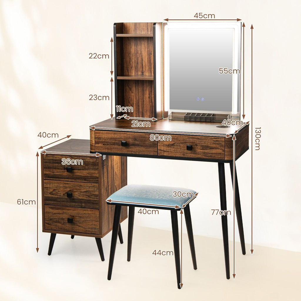 Vanity Table Set with 3-Color LED Lights Mirror and Charging Station