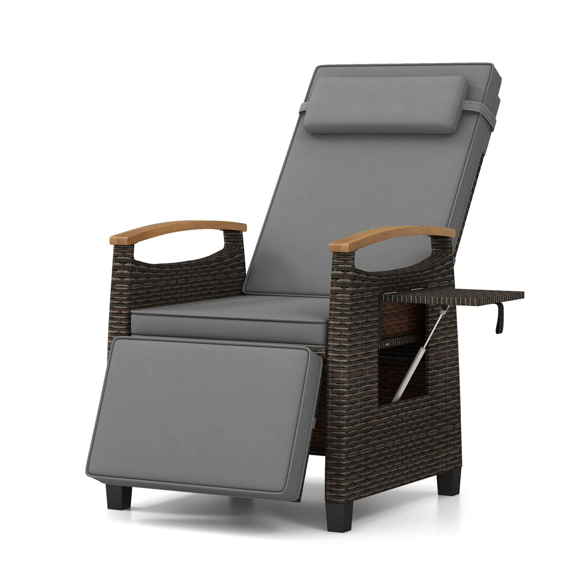 Patio Rattan Recliner Chair with Adjustable Backrest, Footrest & Flip Side Table