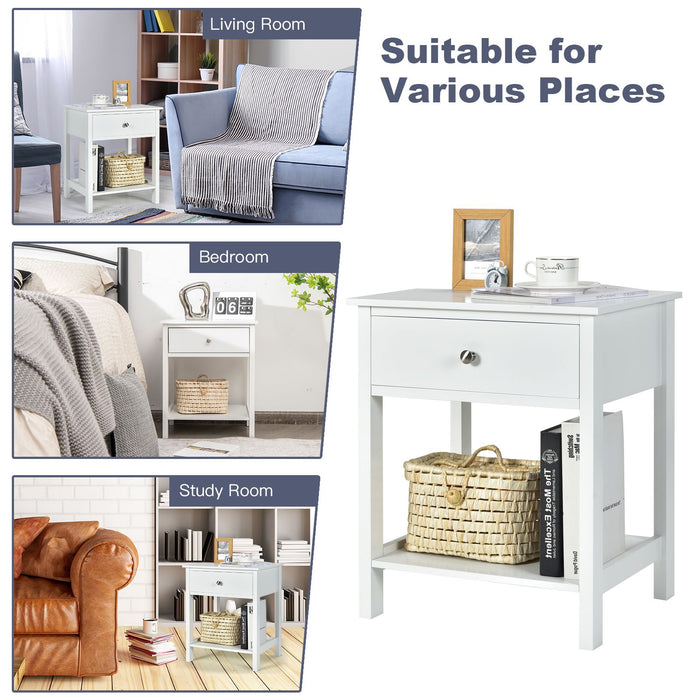 2 Pieces Wooden Nightstand with Drawer and Storage Shelf