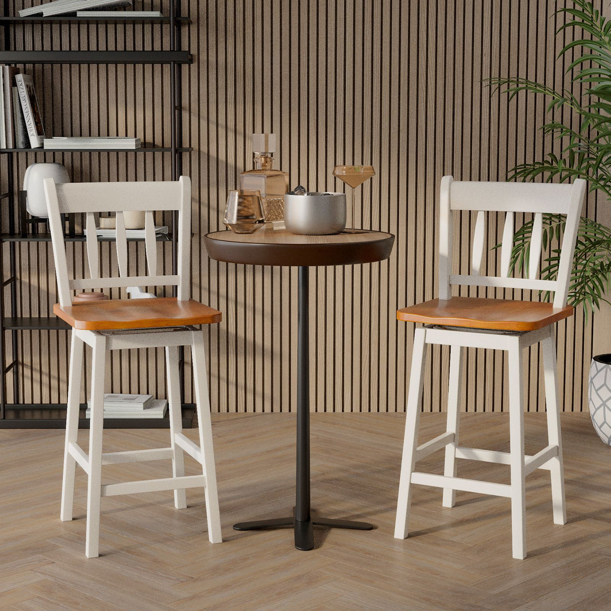 Set of 2 97Cm Swivel Rubber Wood Bar Stools with Backrest and Footrest