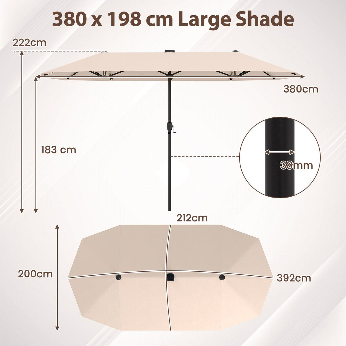 SEDOL 3.8m Extra-Large Double-Sided Patio Umbrella | 108 Solar-Powered LED Lights | Heavy-Duty Rectangular Market Parasol with Easy-Crank System and 180 GSM UV-Resistant Canopy