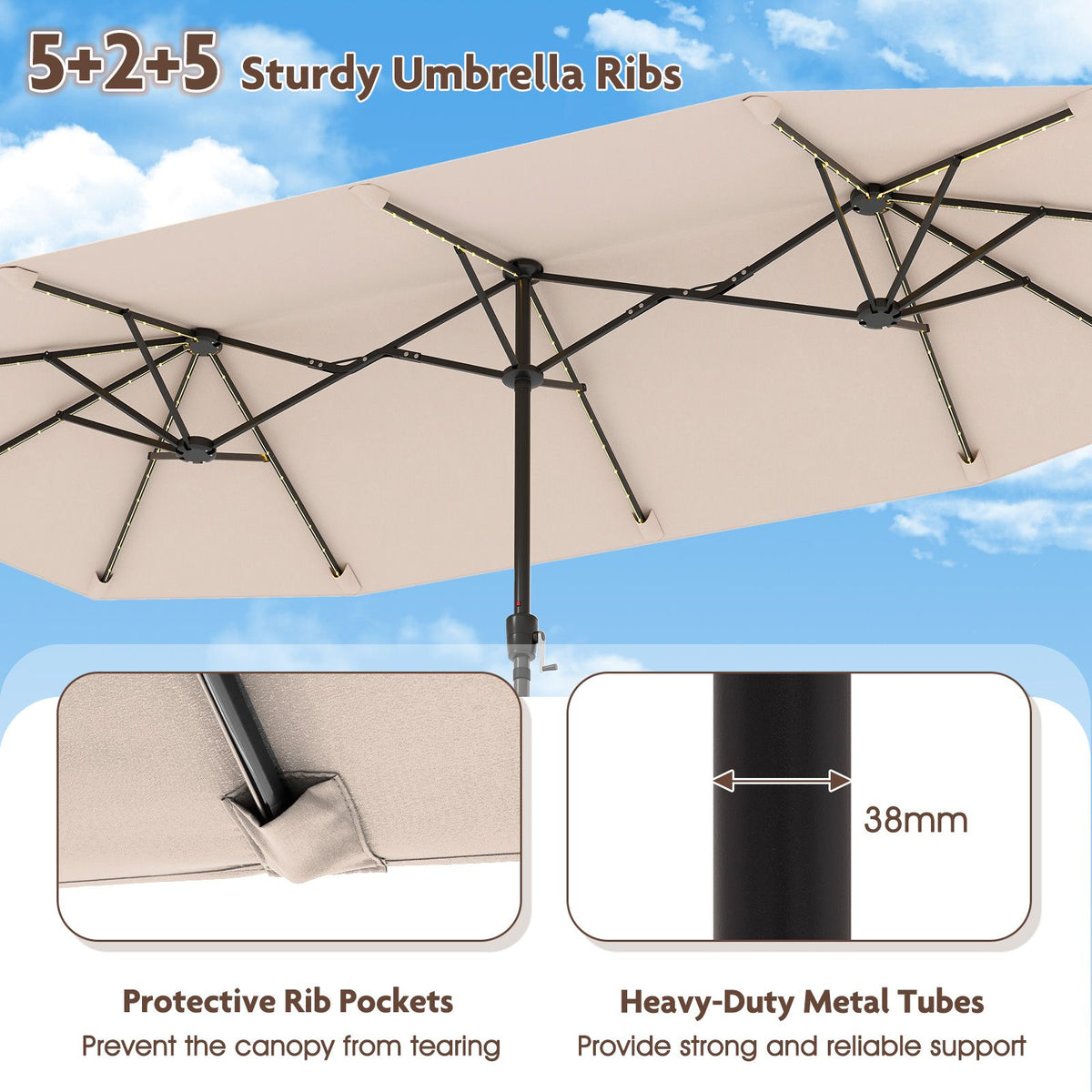 SEDOL 3.8m Extra-Large Double-Sided Patio Umbrella | 108 Solar-Powered LED Lights | Heavy-Duty Rectangular Market Parasol with Easy-Crank System and 180 GSM UV-Resistant Canopy