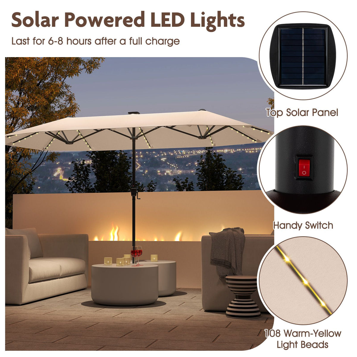 SEDOL 3.8m Extra-Large Double-Sided Patio Umbrella | 108 Solar-Powered LED Lights | Heavy-Duty Rectangular Market Parasol with Easy-Crank System and 180 GSM UV-Resistant Canopy
