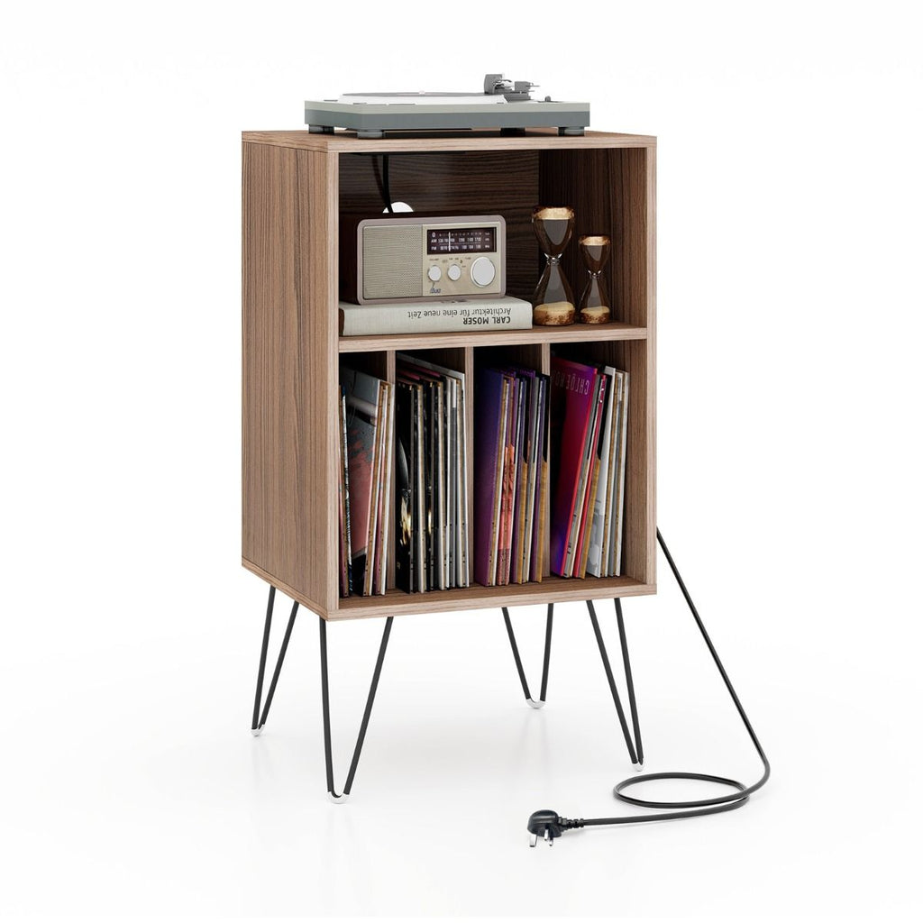 3-Tier Record Player Stand with Charging Station Shelf and 4 Dividers