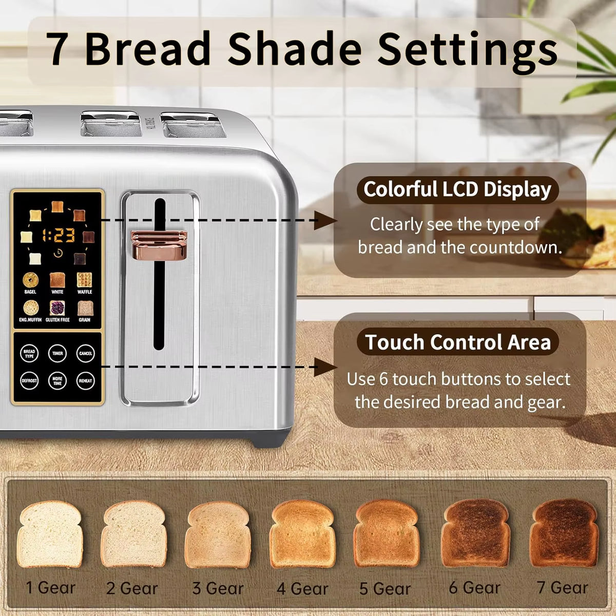 SEDOL 4 Slice Toaster Stainless Steel Digital Toaster with Touch LCD Display 7 Browning Levels and 6 Bread Mode Selection Extra Wide Slots for Bagels Artisan Sourdough 1500W UK Plug