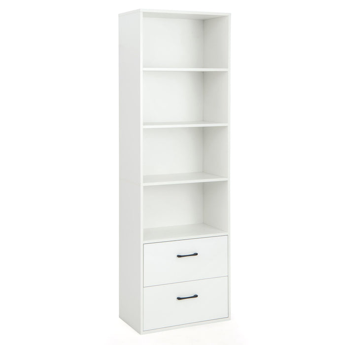 6-Tier Modern Wooden Bookshelf with 4 Open Shelves and 2 Drawers