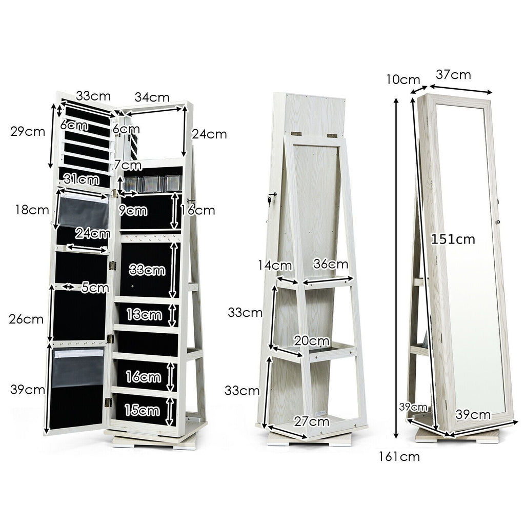 SEDOL 360° Rotating Full-Length Mirrored Jewellery Cabinet | Lockable Jewellery Armoire with 3-Tier Rear Display Shelves | Ultra-Large Storage for 120 Earrings, 78 Rings & 24 Necklaces | Velvet-Lined Boutique Organiser