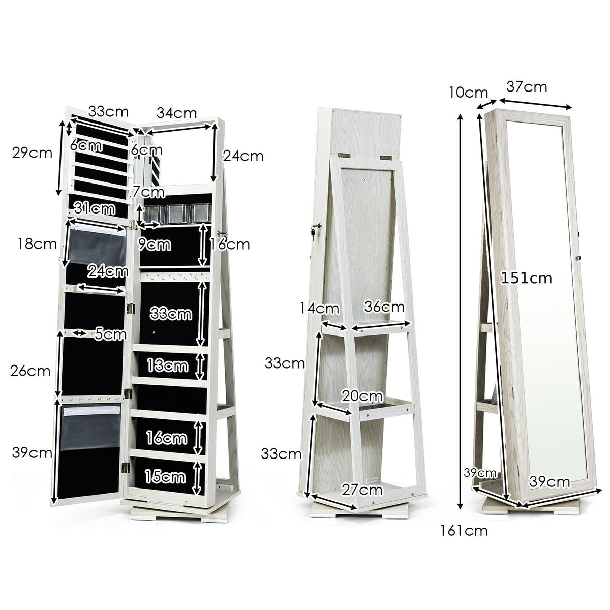 SEDOL 360° Rotating Full-Length Mirrored Jewellery Cabinet | Lockable Jewellery Armoire with 3-Tier Rear Display Shelves | Ultra-Large Storage for 120 Earrings, 78 Rings & 24 Necklaces | Velvet-Lined Boutique Organiser