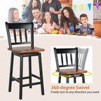 Set of 2 97Cm Swivel Rubber Wood Bar Stools with Backrest and Footrest