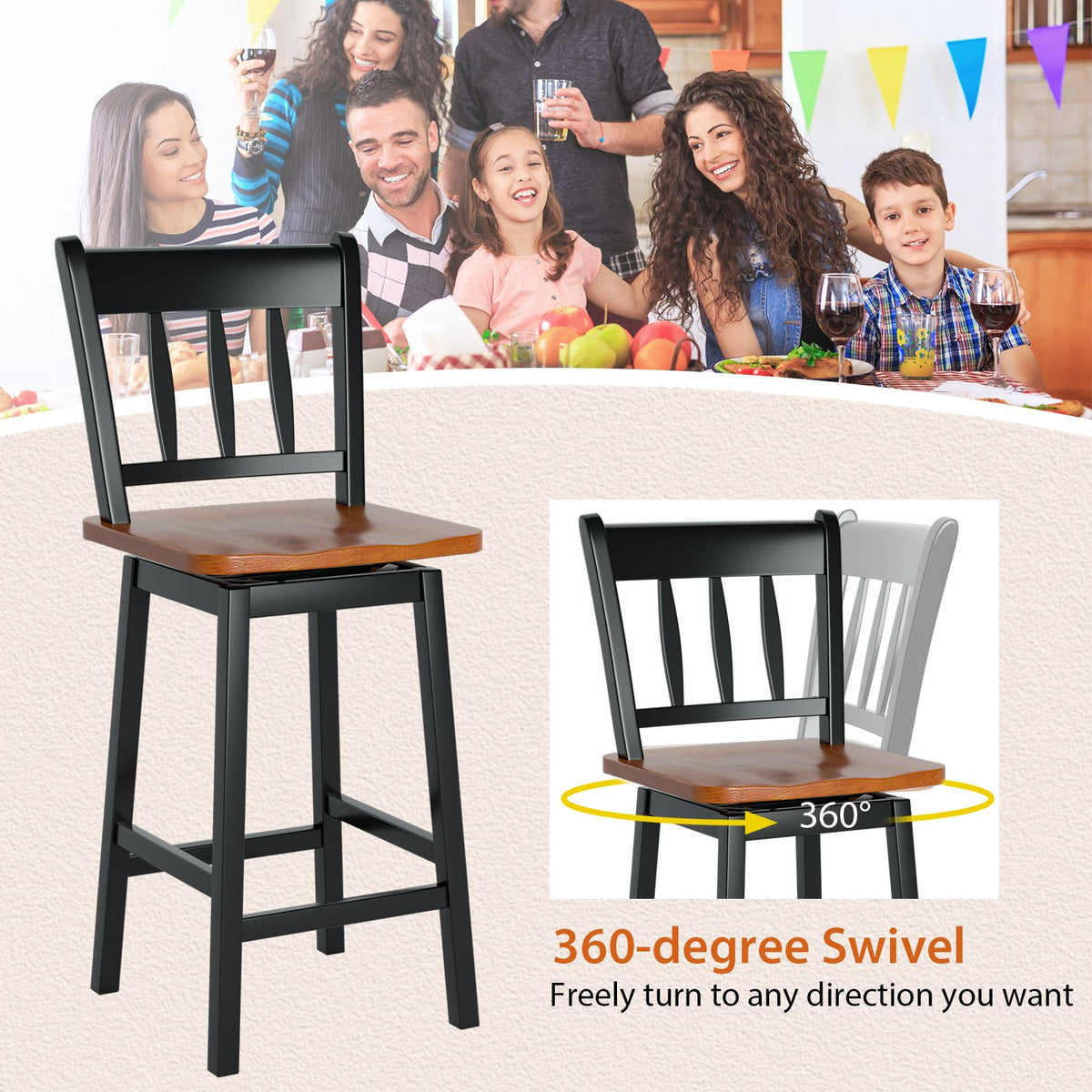 Set of 2 97Cm Swivel Rubber Wood Bar Stools with Backrest and Footrest