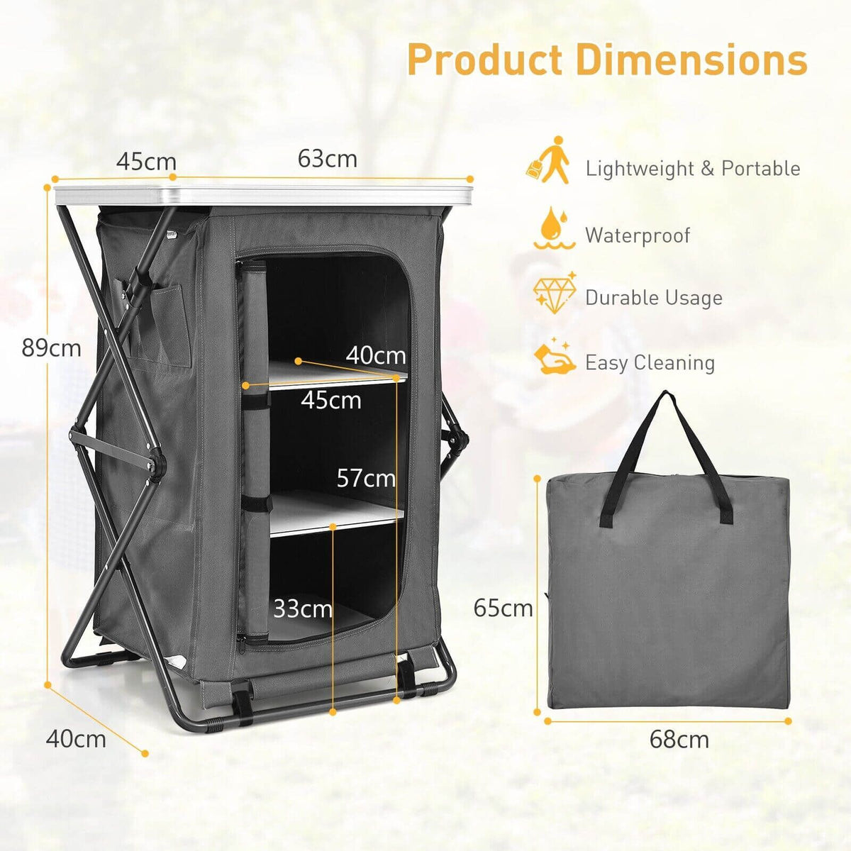 3-Tier Folding Camping Storage Cabinet with Side Pockets and Carry Bag