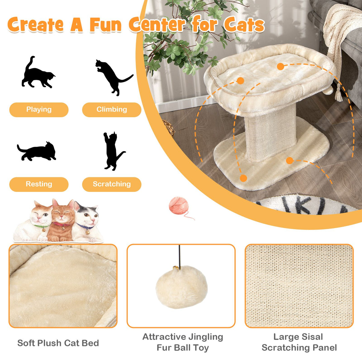2-Tier Cat Tree with Sleeping Perch Sisal Scratching Plate and Ball