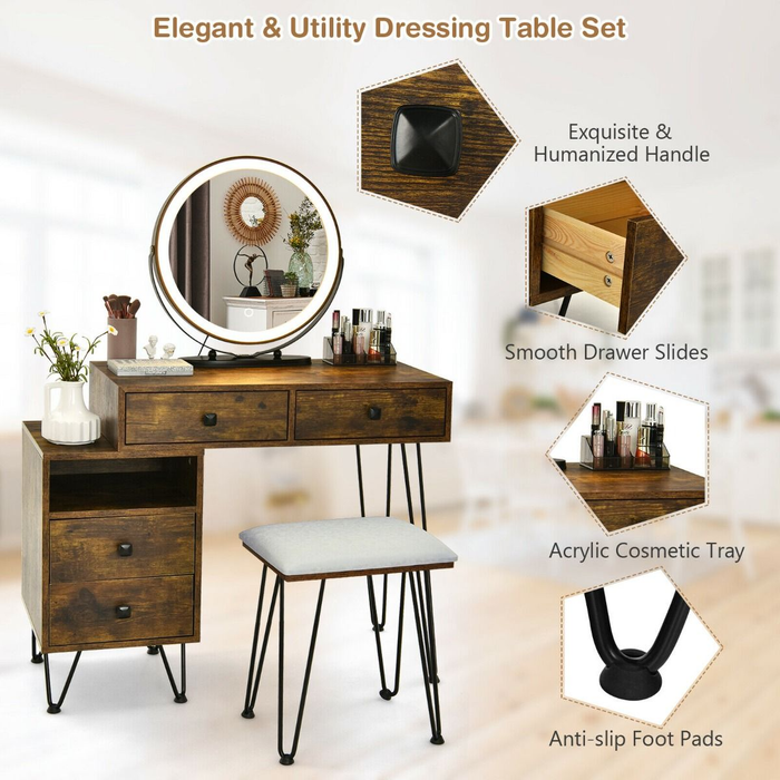 3 Modes Vanity Dressing Table with 3 Color Detachable LED Mirror