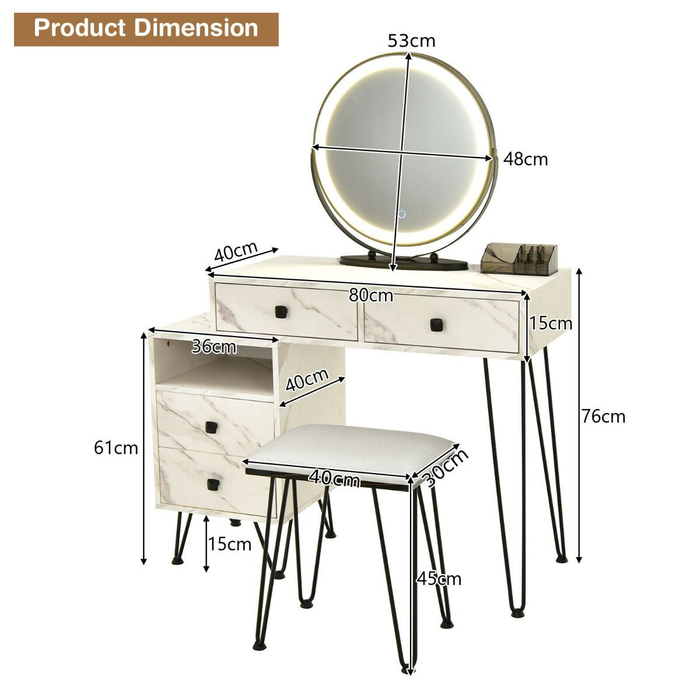 3 Modes Vanity Dressing Table with 3 Color Detachable LED Mirror