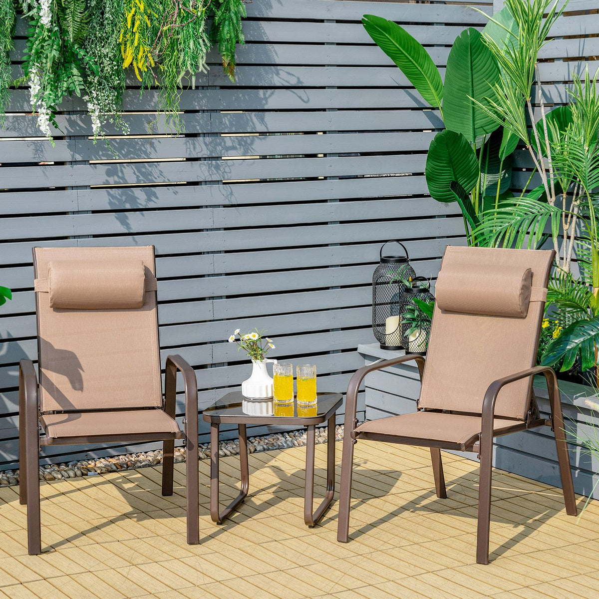 SEDOL 3-Piece Space-Saving Patio Bistro Set | 2 Stackable & Foldable Reclining Chairs with 3-Position Backrest | Tempered Glass Coffee Table | Heavy-Duty 150KG Capacity | Quick-Dry Fabric