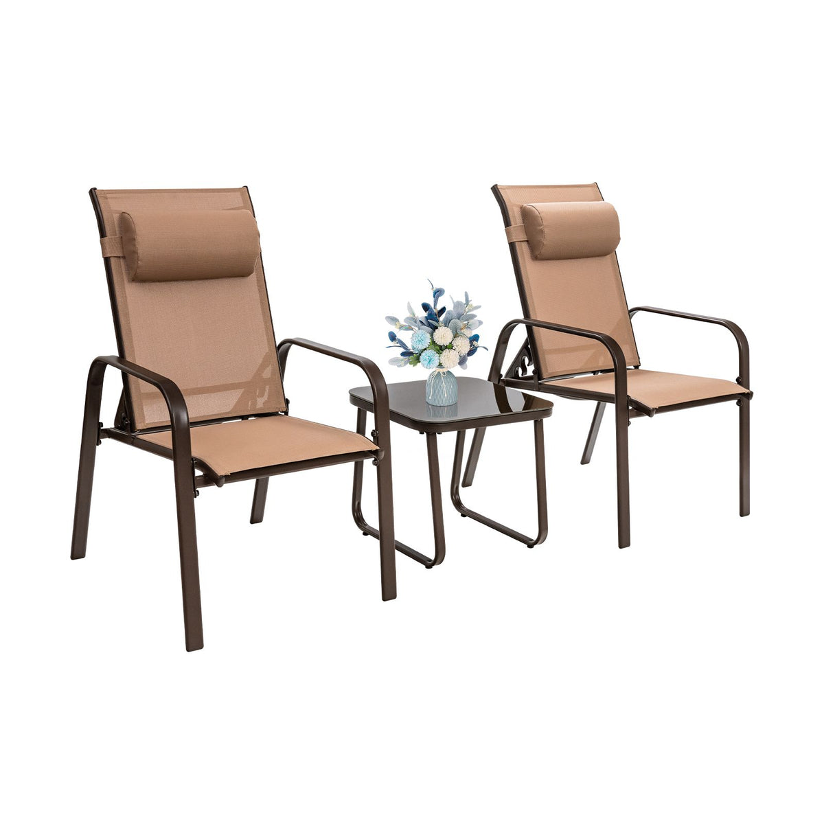 SEDOL 3-Piece Space-Saving Patio Bistro Set | 2 Stackable & Foldable Reclining Chairs with 3-Position Backrest | Tempered Glass Coffee Table | Heavy-Duty 150KG Capacity | Quick-Dry Fabric