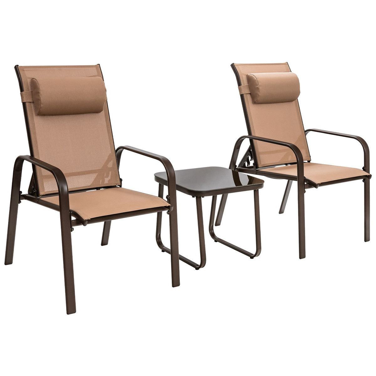 SEDOL 3-Piece Space-Saving Patio Bistro Set | 2 Stackable & Foldable Reclining Chairs with 3-Position Backrest | Tempered Glass Coffee Table | Heavy-Duty 150KG Capacity | Quick-Dry Fabric