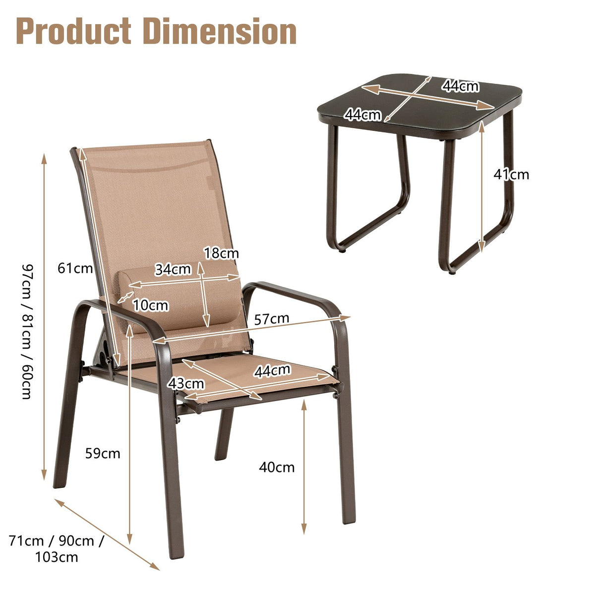SEDOL 3-Piece Space-Saving Patio Bistro Set | 2 Stackable & Foldable Reclining Chairs with 3-Position Backrest | Tempered Glass Coffee Table | Heavy-Duty 150KG Capacity | Quick-Dry Fabric
