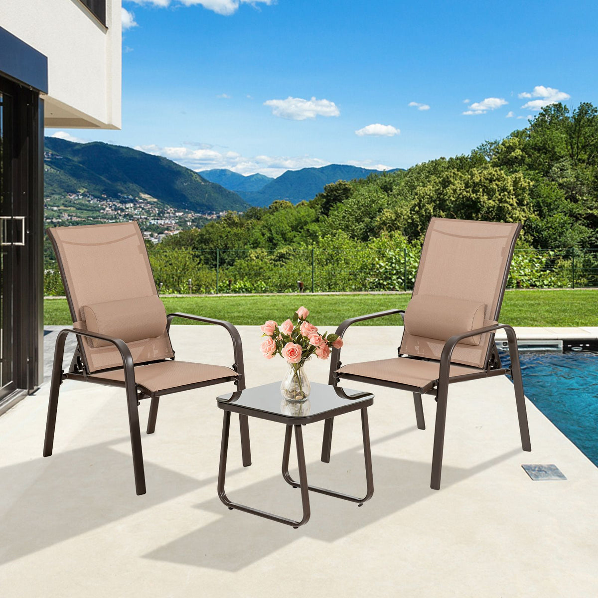 SEDOL 3-Piece Space-Saving Patio Bistro Set | 2 Stackable & Foldable Reclining Chairs with 3-Position Backrest | Tempered Glass Coffee Table | Heavy-Duty 150KG Capacity | Quick-Dry Fabric