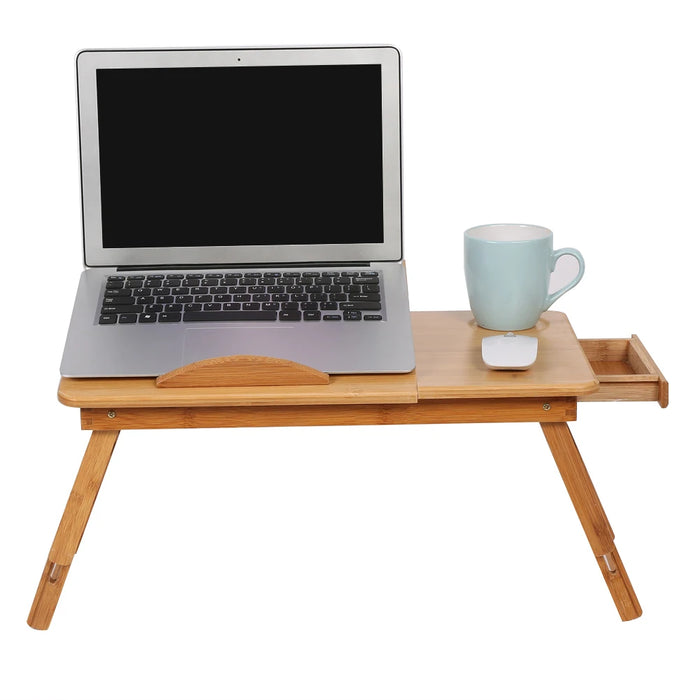Bamboo Bed Laptop Desk – Adjustable Foldable Lap Desk with Drawer, Cup Holder & Ventilation