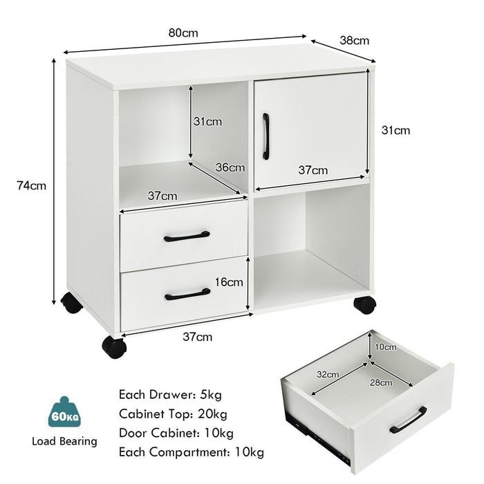 Home Office Mobile File Cabinet with 2 Drawers 2 Open Shelves and Door